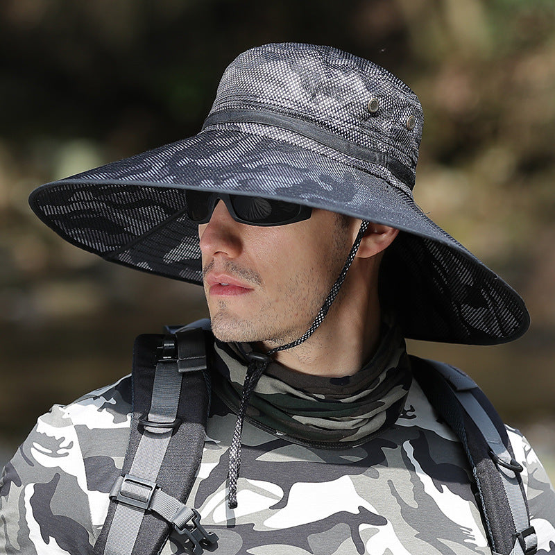 Camouflage wide-brim fishing and hiking hat with UV protection