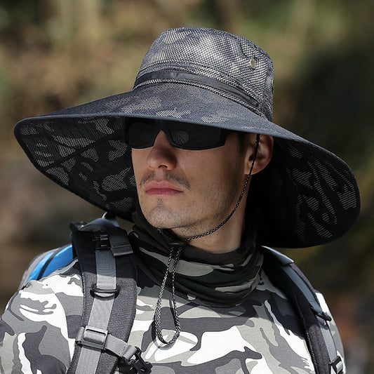 Camouflage wide-brim fishing and hiking hat with UV protection